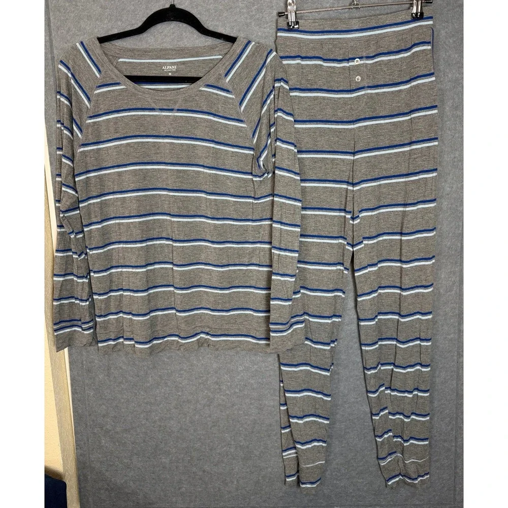 Alfani Intimates Pajama Set Medium Blue Grey Striped Long Sleeve Joggers Lounge